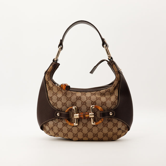 Sac Gucci Hobo Amalfi Bamboo toile GG Canvas beige marron vue de face occasion authentique — AMANA Vintage
