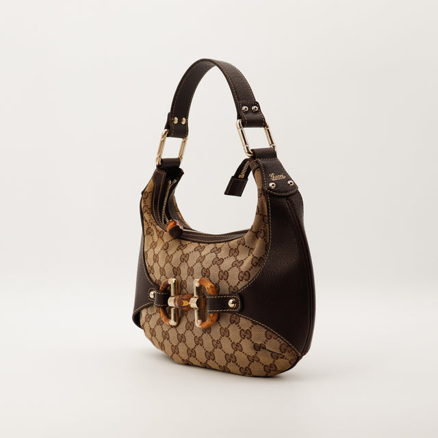 Gucci Hobo Amalfi Bamboo toile monogrammée vue trois quarts occasion authentique — AMANA Vintage