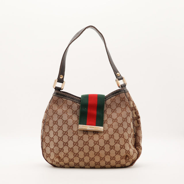 Hobo Web Gucci toile monogrammée bande Web verte rouge vue de face occasion authentique — AMANA Vintage