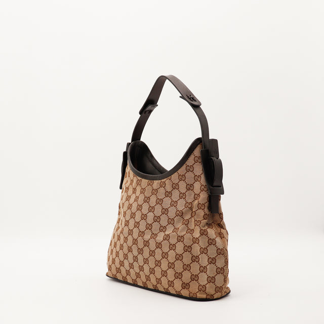 Gucci Hobo GG Canvas medium cuir chocolat vue de trois quarts occasion authentique — AMANA Vintage