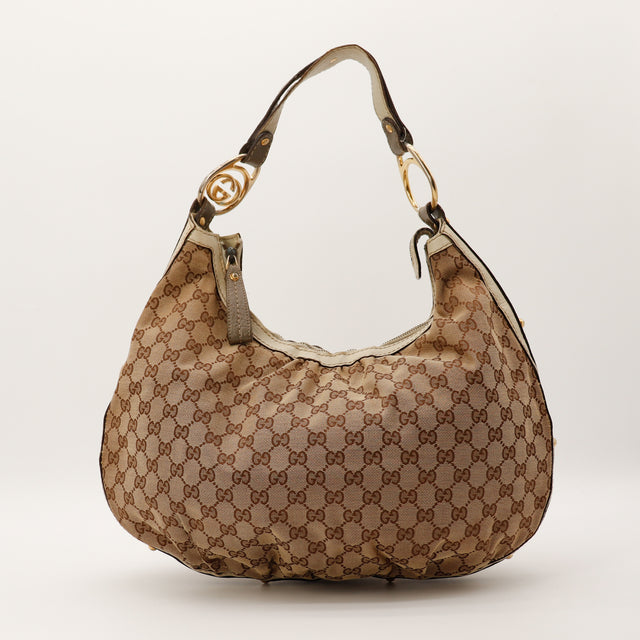 Sac Gucci Hobo Interlocking G toile GG Canvas beige taupe ivoire vue de face occasion authentique — AMANA Vintage