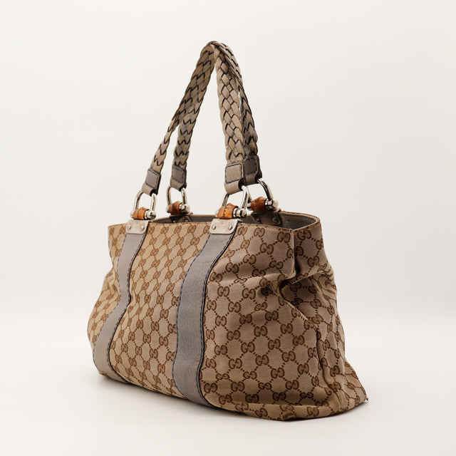 Gucci Tote Bamboo vue trois quarts gauche anses tressées cuir taupe occasion — AMANA Vintage
