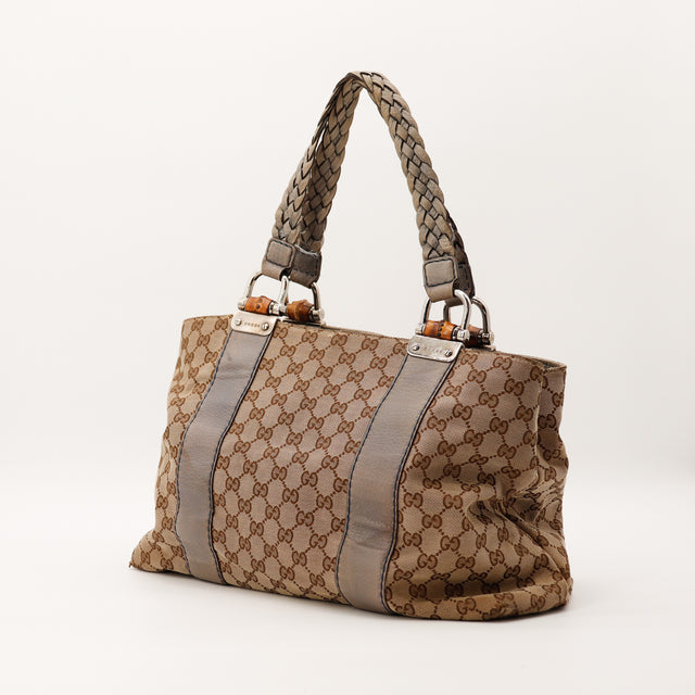 Vista traseira mala Gucci Tote Bamboo tela com monograma vintage — AMANA Vintage