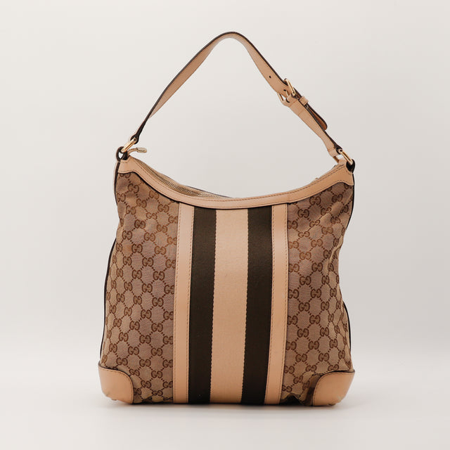 Gucci Hobo Web Stripe GG Canvas bege vista traseira vintage — AMANA Vintage