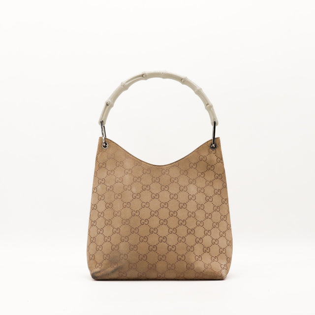 Hobo Bambou Gucci daim monogrammé taupe anse bambou laqué vue de face occasion authentique — AMANA Vintage