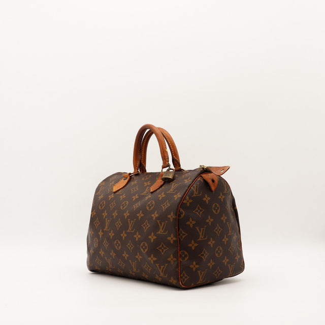 Louis Vuitton Speedy 30 vue trois quarts droite toile Monogram patine caramel — AMANA Vintage