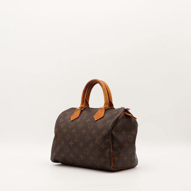 Louis Vuitton Speedy 25 vue trois quarts toile Monogram patine caramel — AMANA Vintage