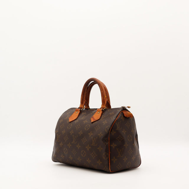 Louis Vuitton Speedy 25 vue de trois-quarts toile Monogram patine caramel — AMANA Vintage