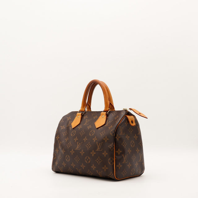 Vue trois-quarts Louis Vuitton Speedy 25 toile Monogram cuir vachette caramel — AMANA Vintage