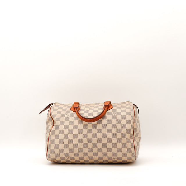 zijaanzicht van Louis Vuitton Speedy 30 Damier Azur authentiek pre-owned — AMANA Vintage