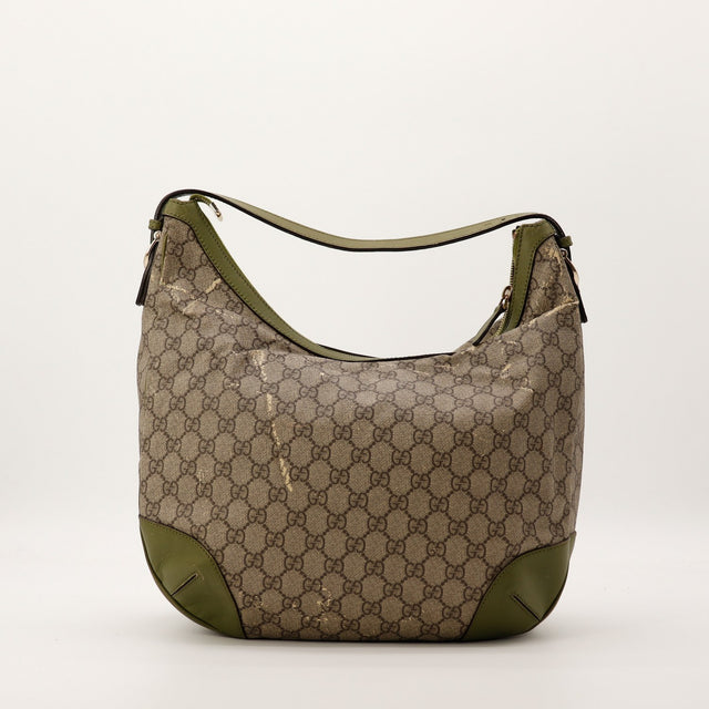 Sac Gucci Hobo toile monogrammée cuir vert kaki vue de face occasion authentique — AMANA Vintage