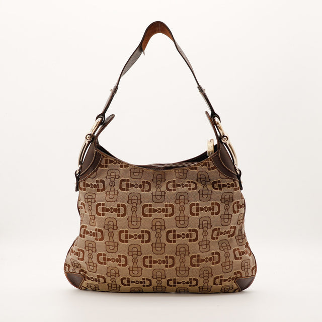 Sac Gucci Hobo Horsebit toile monogrammée beige vue de face occasion authentique — AMANA Vintage