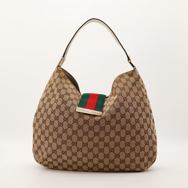 Sac Gucci Hobo Web toile monogrammée beige vue de face occasion authentique — AMANA Vintage