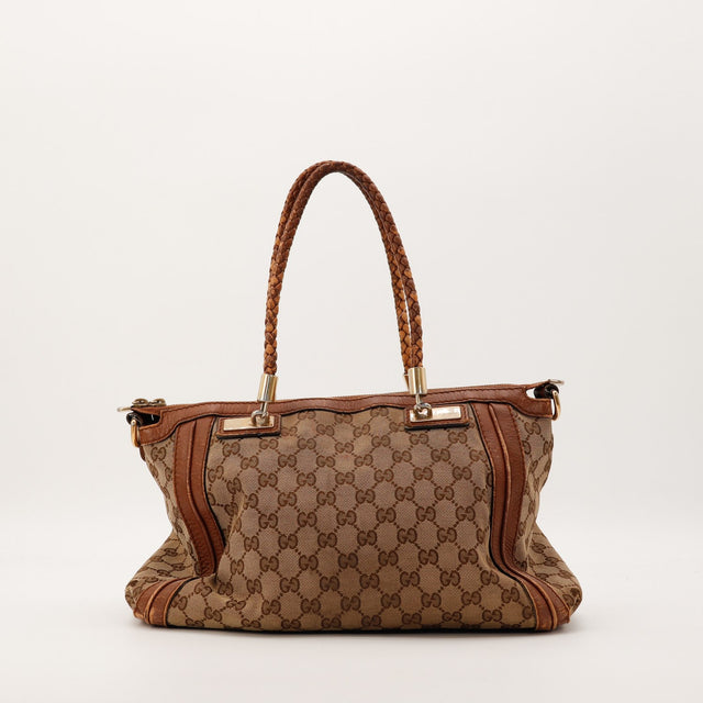 Mala Gucci Tote Bag Bamboo vista traseira tela com monograma vintage autêntica — AMANA Vintage