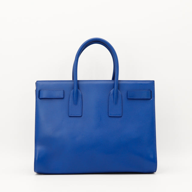 Sac de Jour Saint Laurent bleu vue de dos cuir lisse occasion authentique — AMANA Vintage
