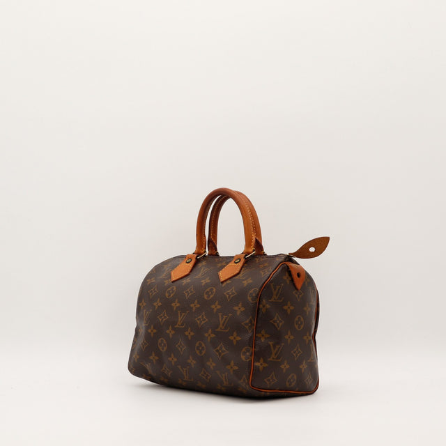 Louis Vuitton Speedy 25 vue de trois quarts toile Monogram cuir vachette caramel — AMANA Vintage