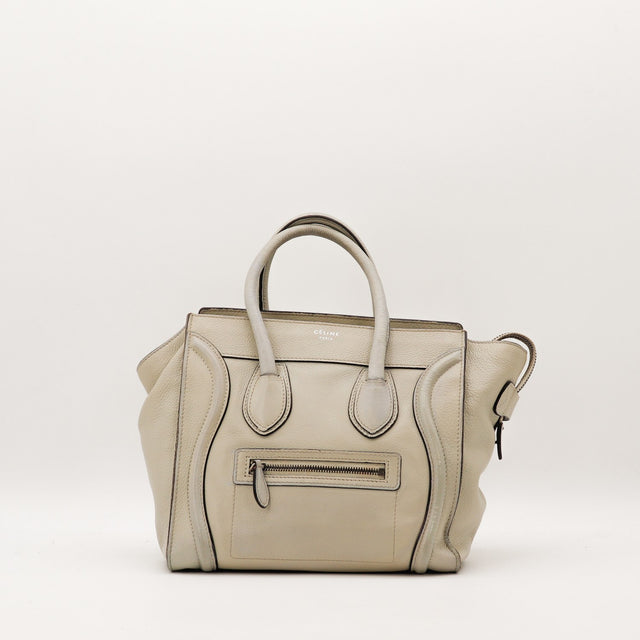 Sac Céline Luggage Mini cuir grainé gris tourterelle vue de face occasion authentique — AMANA Vintage