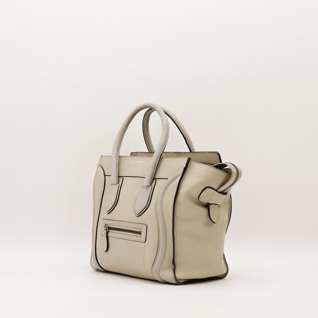 Céline Luggage Mini gris vue trois-quarts droite bandoulière amovible — AMANA Vintage