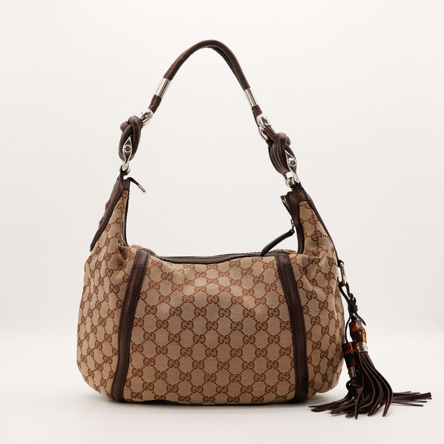Sac Gucci Hobo Bamboo toile monogrammée beige vue de face occasion authentique — AMANA Vintage