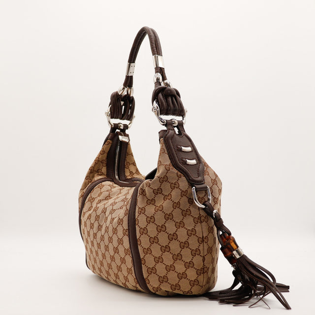 Sac Gucci Hobo Bamboo vue trois quarts cuir brun occasion authentique — AMANA Vintage