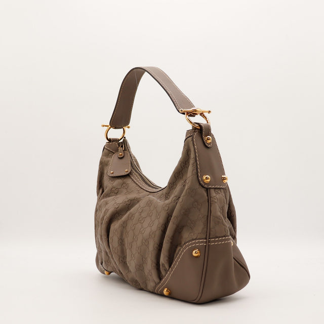Sac Gucci Hobo cuir embossé taupe vue de profil occasion authentique — AMANA Vintage