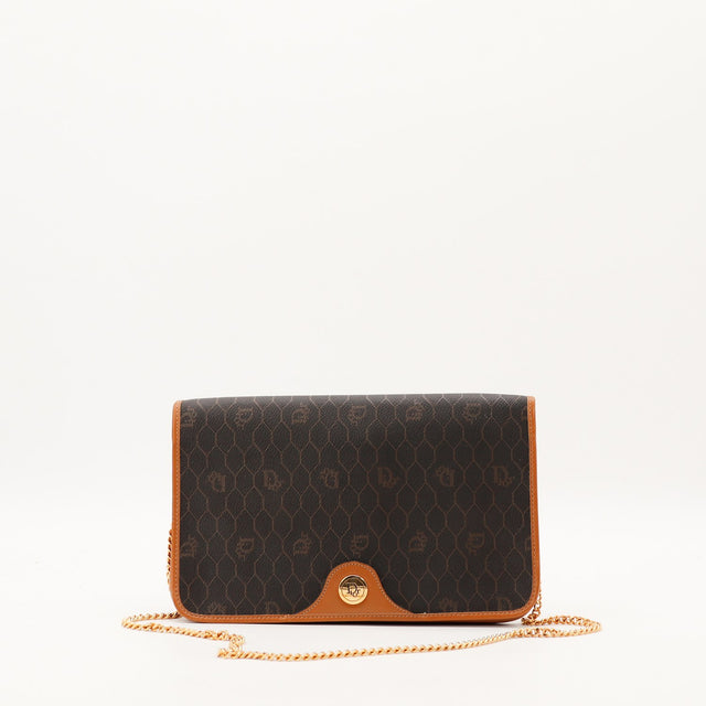 Pochette Christian Dior Honeycomb toile monogrammée marron et cuir cognac vue de face occasion authentique — AMANA Vintage