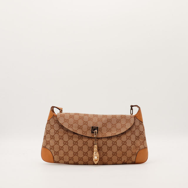 Sac Gucci Hobo toile monogrammée cuir cognac breloque tigre dorée vue de face occasion authentique — AMANA Vintage