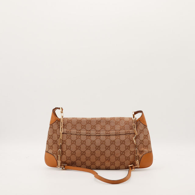 Sac Gucci Hobo toile monogrammée vue de dos chaîne dorée cuir cognac occasion — AMANA Vintage