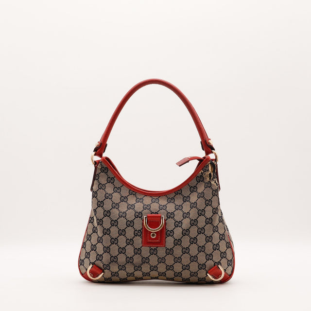 Sac Gucci Hobo toile monogrammée beige et bleu marine vue de face occasion authentique — AMANA Vintage