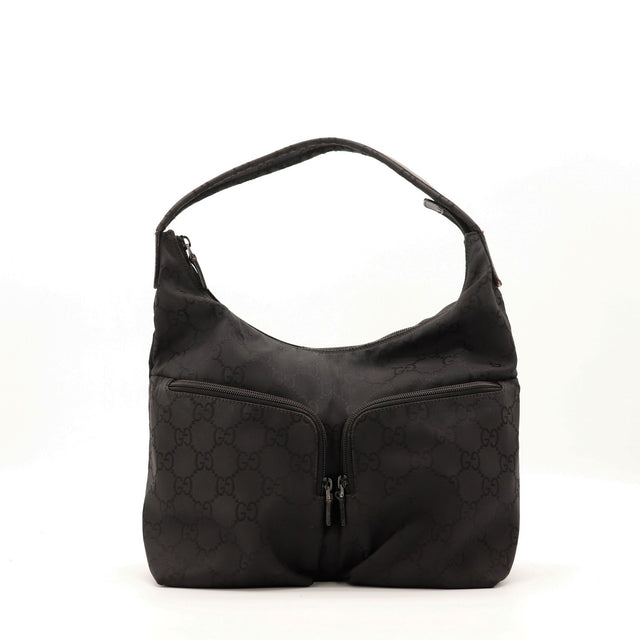 Sac Gucci Hobo nylon monogrammé noir vue de face poches zippées occasion authentique — AMANA Vintage