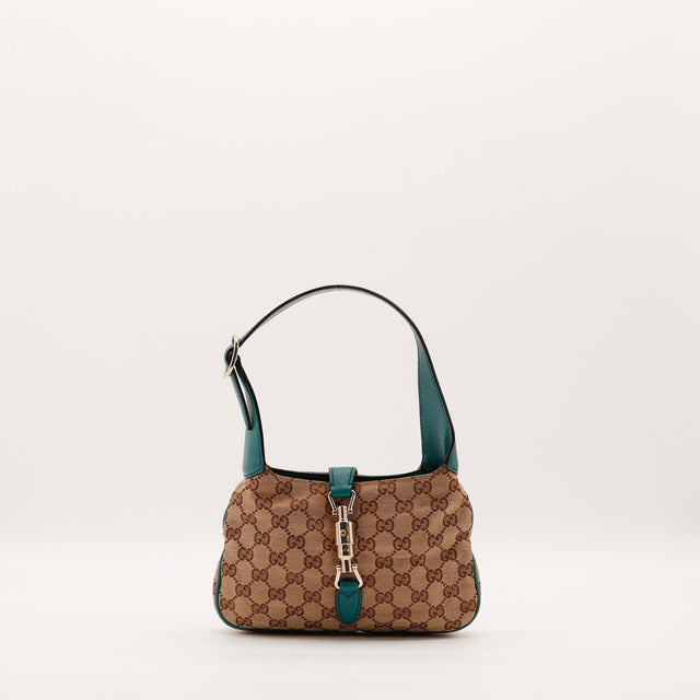 Sac Gucci Jackie toile GG beige et cuir vert canard vue de face occasion authentique — AMANA Vintage