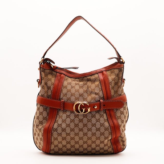Sac Gucci Hobo toile monogrammée beige vue de face occasion authentique — AMANA Vintage