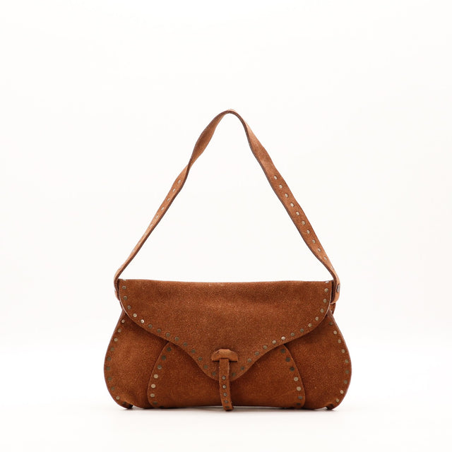 Besace en daim cognac cloutée vue de face occasion authentique — AMANA Vintage