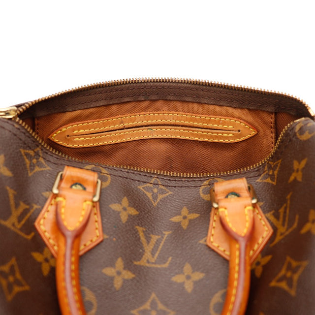 Binnenkant Louis Vuitton Speedy 25 voering textile bruin en ritsvak — AMANA Vintage