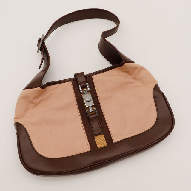 Sac Gucci Jackie posé à plat toile rose et bande Web occasion authentique — AMANA Vintage
