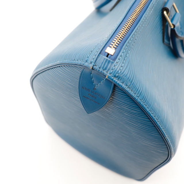 Détail de l'argenterie Louis Vuitton Speedy 35 cuir Épi bleu occasion authentique — AMANA Vintage