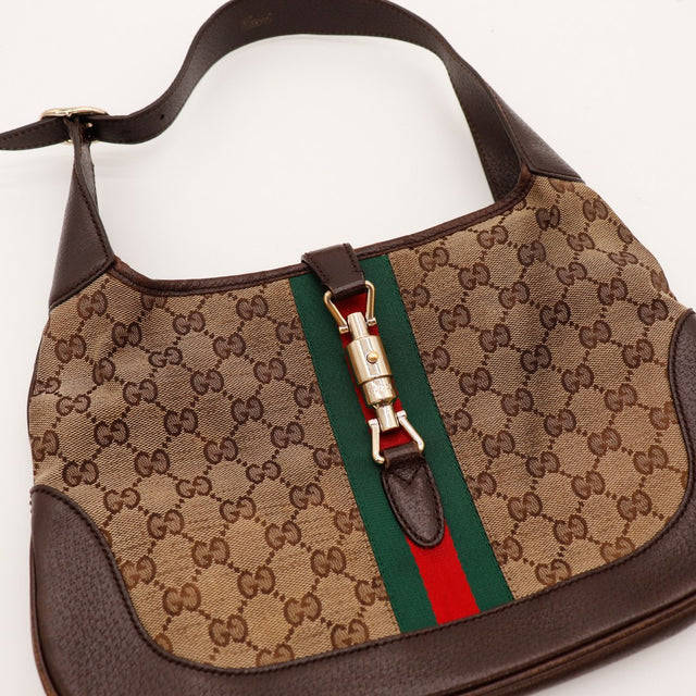 Gucci New Jackie détail fermoir piston bande Web vert rouge toile monogrammée — AMANA Vintage