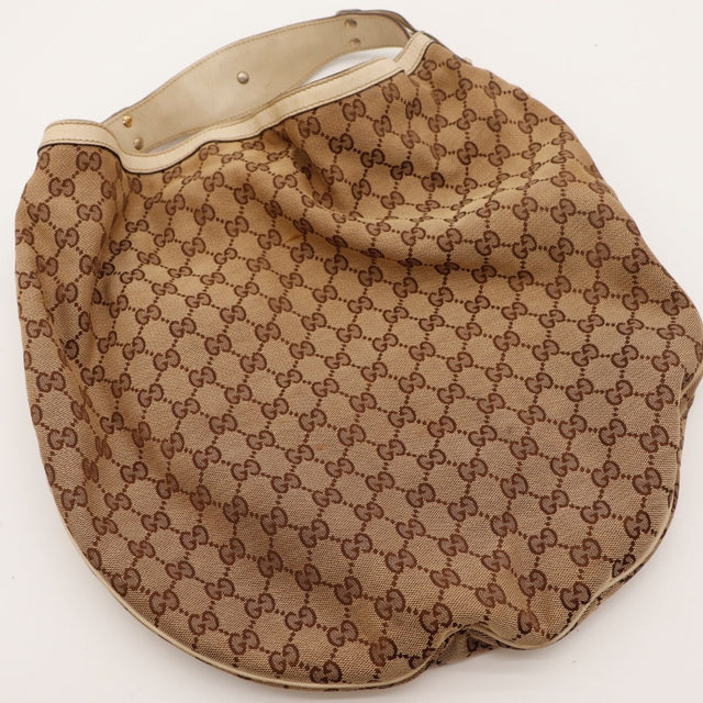 Intérieur du sac Gucci Hobo Horsebit toile monogrammée beige occasion authentique — AMANA Vintage