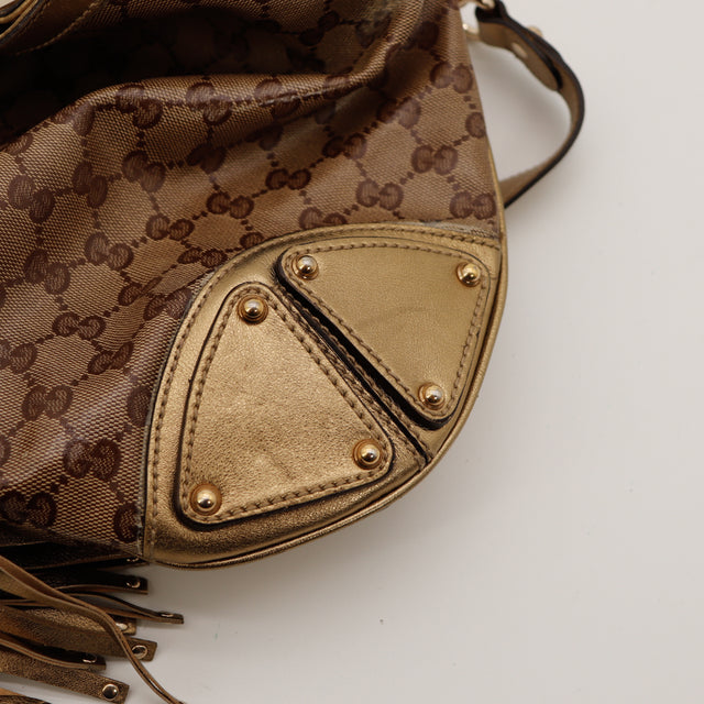 Interior da mala Gucci Indy Hobo forro preto com logótipo vintage — AMANA Vintage