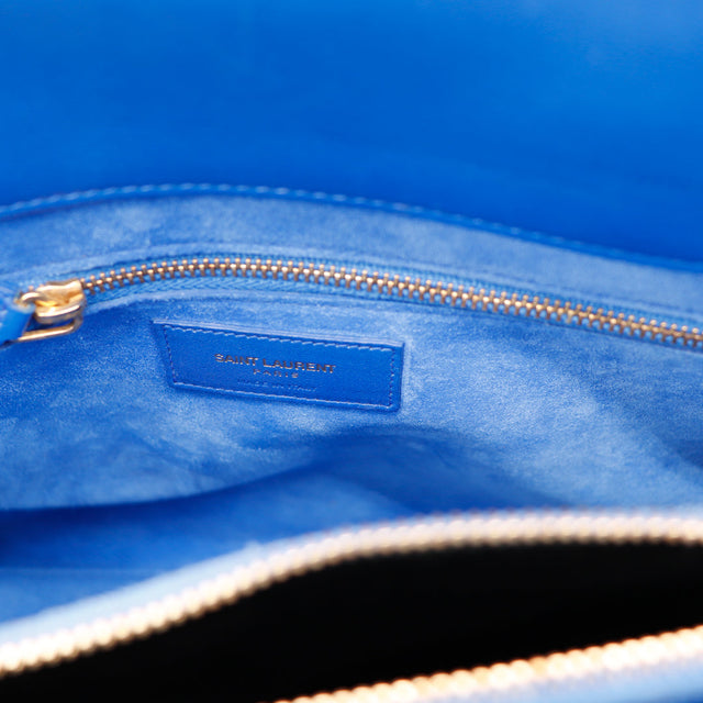 Intérieur Sac de Jour Saint Laurent bleu doublure daim patch cuir occasion authentique — AMANA Vintage
