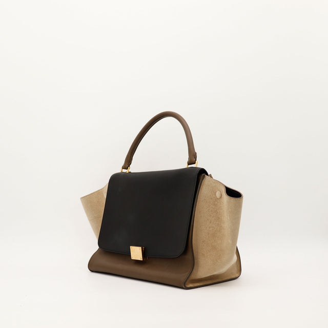 Céline Trapèze Medium trois quarts cuir noir marron et daim beige — AMANA Vintage
