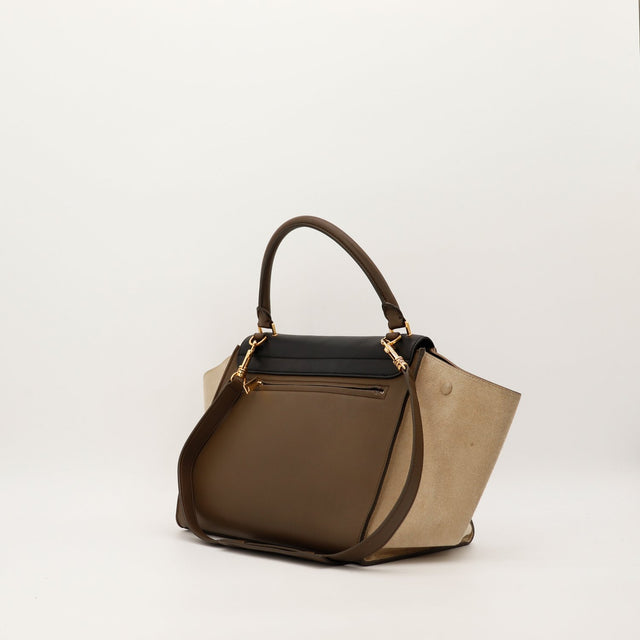 Céline Trapèze Medium profil ailes daim beige occasion authentique — AMANA Vintage