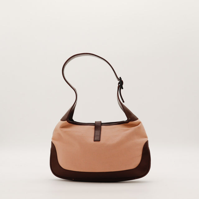 Sac Gucci Jackie vue arrière toile rose et cuir marron occasion authentique — AMANA Vintage