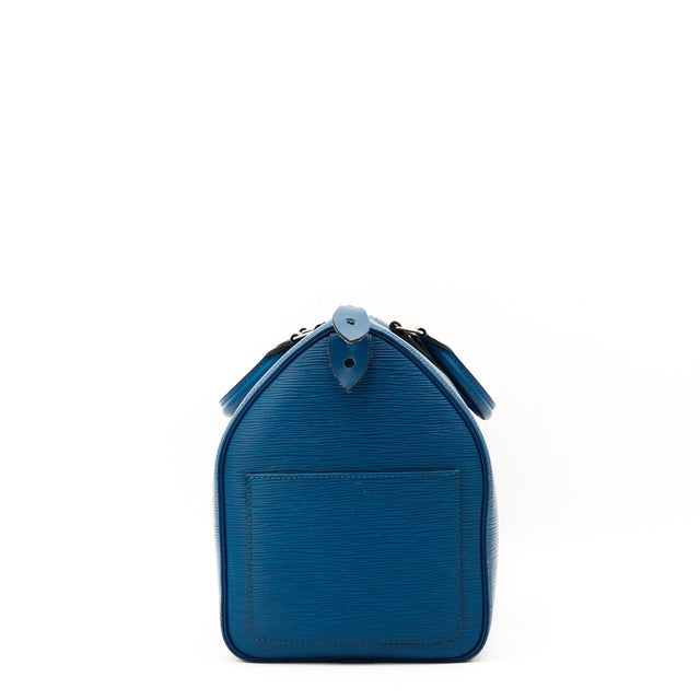 Vue de côté Louis Vuitton Speedy 35 cuir Épi bleu occasion authentique — AMANA Vintage