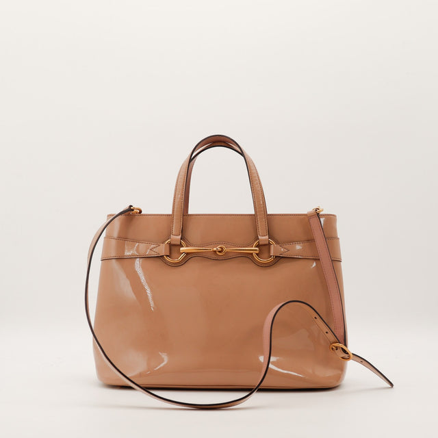Sac Gucci Tote Horsebit cuir verni beige vue de face occasion authentique — AMANA Vintage