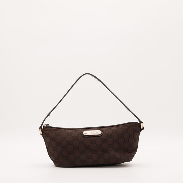 Pochette Gucci toile monogrammée marron foncé vue de face occasion authentique — AMANA Vintage