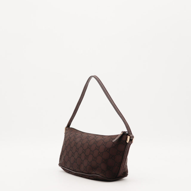 Détail anse cuir pochette Gucci toile monogrammée occasion authentique — AMANA Vintage