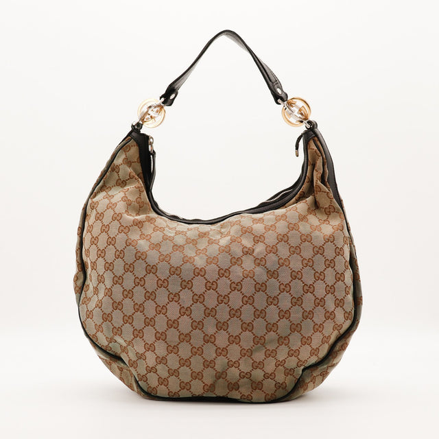 Sac Gucci Hobo toile monogrammée beige vue de face occasion authentique — AMANA Vintage