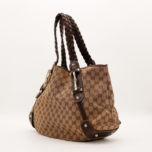 Sac Gucci Pelham vue de trois quarts cuir marron occasion authentique — AMANA Vintage