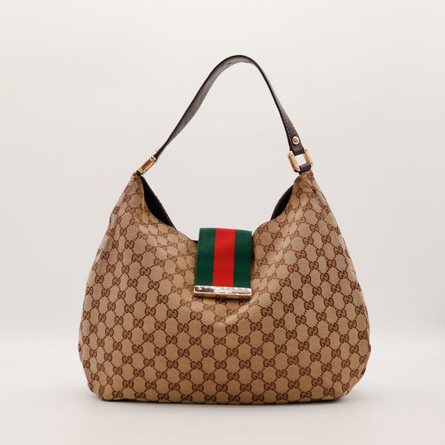 Sac Gucci Hobo Web toile monogrammée bande Web verte rouge vue de face occasion authentique — AMANA Vintage